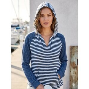 Chaps Denim Womens Blue White Striped Raglan Sleeve Hoodie Sweatshirt M Coastal
